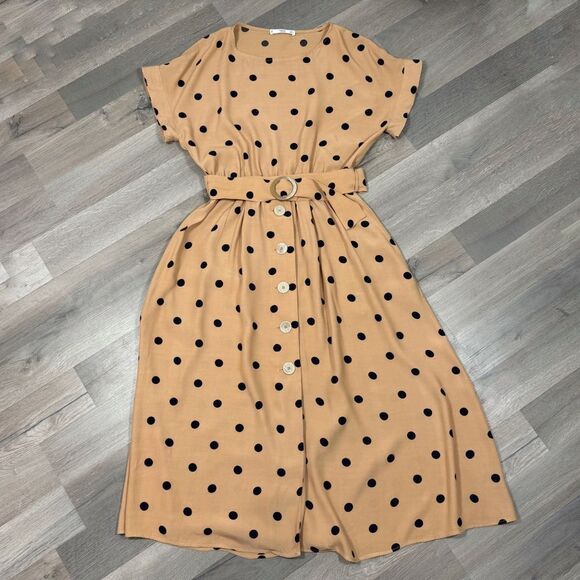 Mango Polka Dot Belted Fit Flare Midi Dress Tan Black Small 4 - Picture 13 of 13